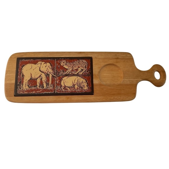 Vintage George Briard Cheese Charcuterie Board - Wood with Safari Animal Tile - Picture 1 of 9